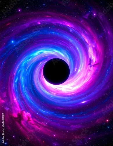 A swirling nebula of vibrant purple and blue surrounds a central black hole, set against a backdrop of stars
