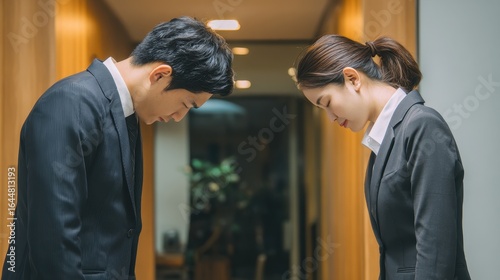 Apologize Business. Asian Businessman and Woman Bowing to Apologize in Formal Office Setting