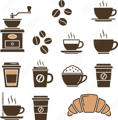 Set of brown and beige coffee shop icons featuring a grinder, beans, steaming cups, and a croissant