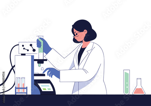 A female scientist meticulously operates laboratory equipment, focused on research. Clean, modern lab setting. Illustrative style.
