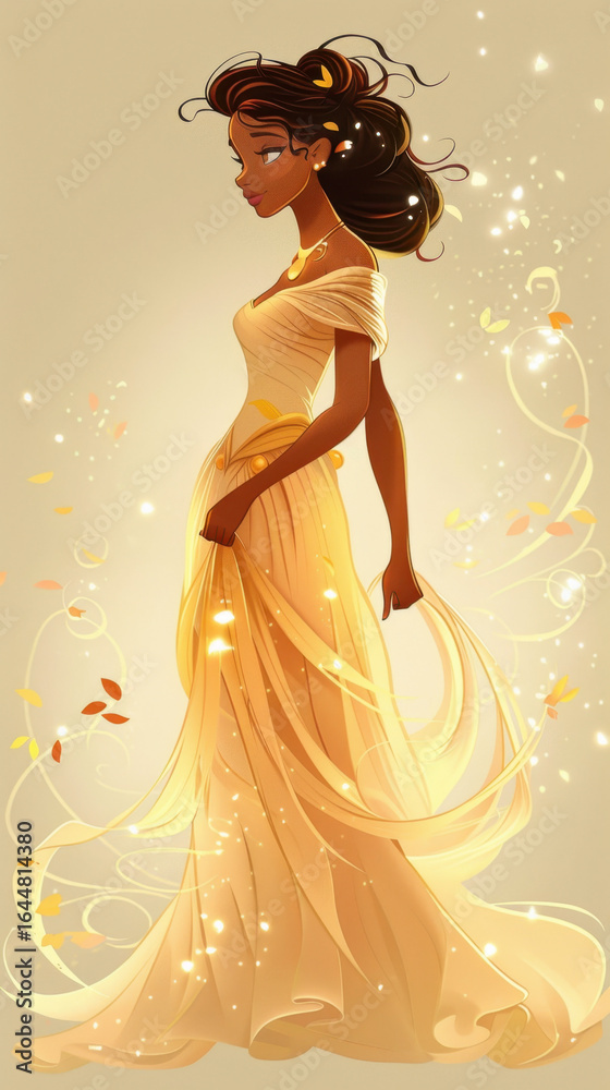 Obraz premium Beautiful pregnant woman in a flowing golden gown with sparkling lights and petals