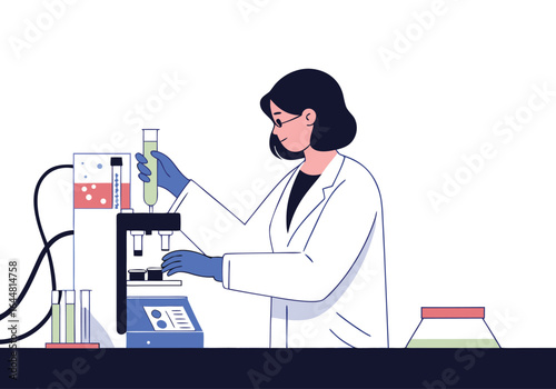 A female scientist meticulously operates laboratory equipment, focused on research. Clean, modern lab setting. Illustrative style.
