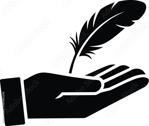 Black silhouette of a hand holding a quill pen against a light gray background