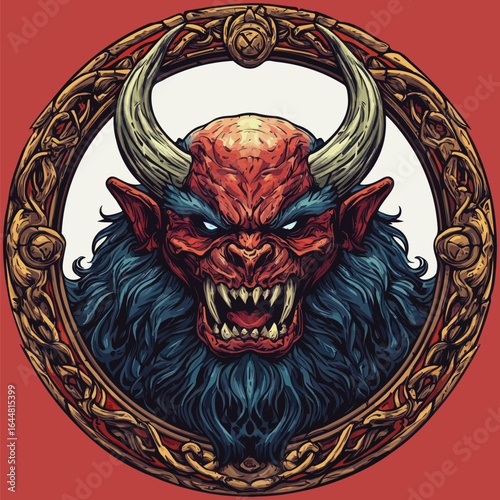 Furious Red Horned Demon Head Illustration with Massive Jaws. Aggressive Mythical Monster Portrait.	