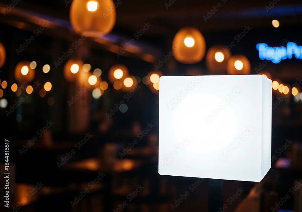 Fototapeta premium Illuminated white cube glows softly against a blurred background of warm lights in a modern restaurant interior