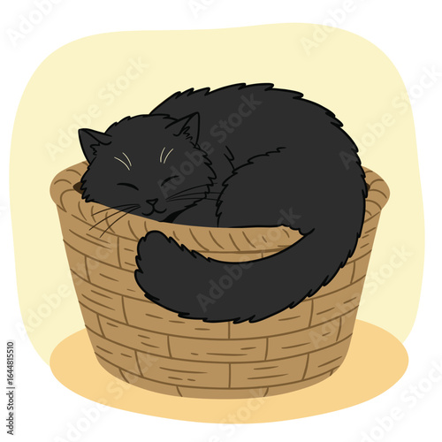 A cute illustration of a black cat curled up and sleeping peacefully in a woven basket. The cat has a content smile, embodying a sense of calm and restfulness.