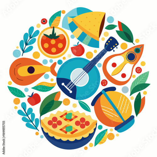 Portuguese Culture Icons Guitar Sardines Pastry Decorative Frame Vector

