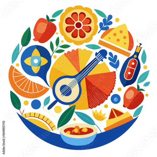 Portuguese Culture Icons Guitar Sardines Pastry Decorative Frame Vector

