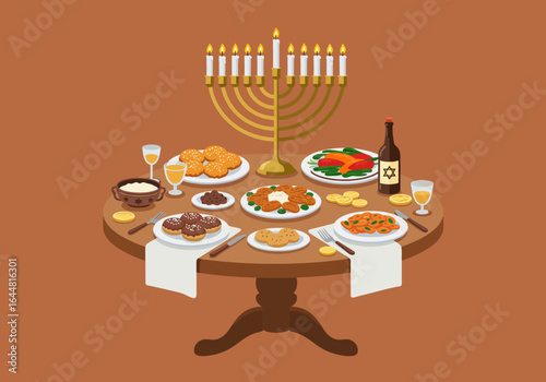 Festive Hanukkah dinner table illustration with traditional Jewish holiday food, latkes, sufganiyot, and a lit menorah.