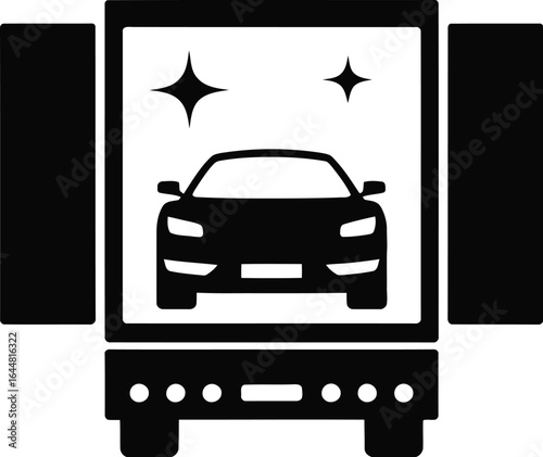 Modern black car being transported inside an open trailer truck