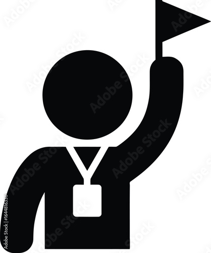 Tour guide holding a flag and wearing an identification badge