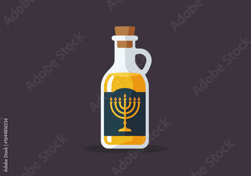A flat vector illustration of a glass bottle of olive oil with a golden menorah symbol, representing the Jewish holiday of Hanukkah