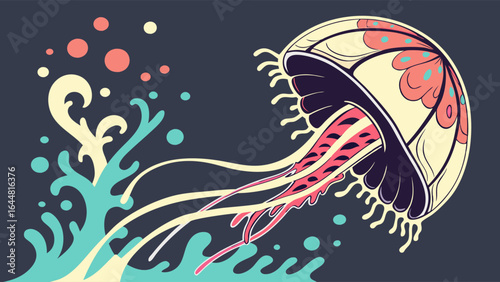 Vibrant illustration of a stylized jellyfish gracefully floating through swirling blue and turquoise water, with coral-pink accents and scattered bubbles.
