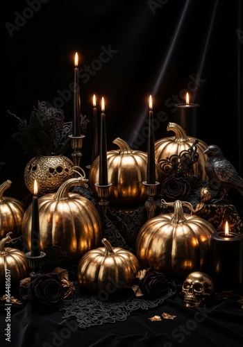 Elegant Halloween arrangement featuring golden pumpkins, candles, and decorative skulls and raven.