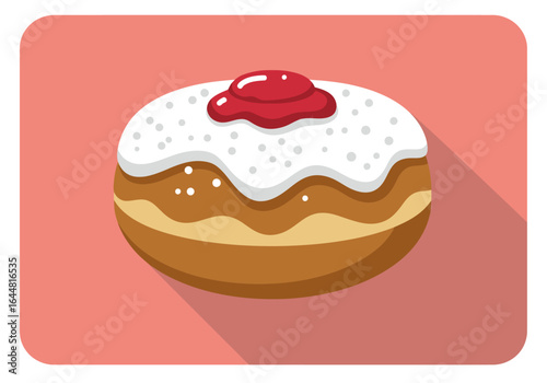 A festive Hanukkah sufganiyah, a jelly doughnut with powdered sugar icing and red jam topping. Flat design vector icon illustration.