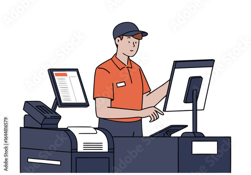 A professional man operates a digital printing station, focused on a computer screen. Clean, modern workspace with equipment. Suitable for business and technology themes.
