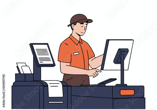 A professional man operates a digital printing station, focused on a computer screen. Clean, modern workspace with equipment. Suitable for business and technology themes.

