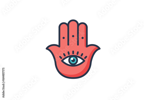 Vibrant stylized Hamsa hand with an all-seeing eye motif, symbolizing ancient protection, spiritual blessing, and good fortune, depicted as a mystical talisman graphic.