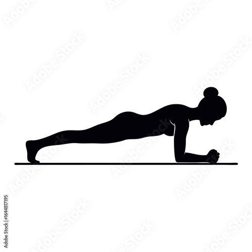 A black silhouette of a woman in a forearm plank position on a yoga mat, demonstrating core strength and fitness.