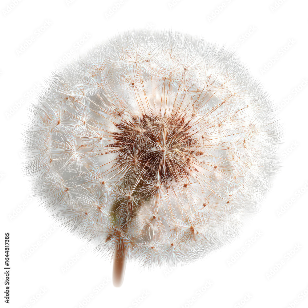 Fototapeta premium Dandelion seed head close-up, nature, white background, studio shot, botanical illustration