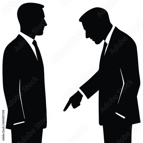Two businessmen in silhouette arguing and gesturing intensely isolated on white background