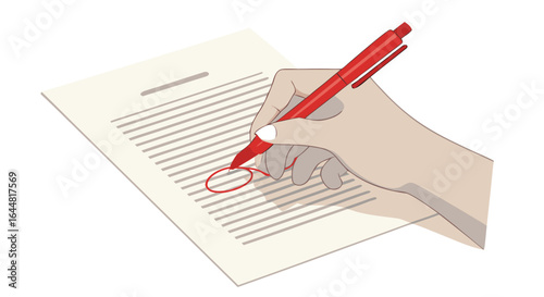 Close-up of a hand with a red pen editing a document, highlighting corrections on a sheet of paper against a neutral background.
