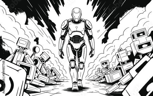 Robot Walking Through Ruined Cityscape robot, walking, ruined, cityscape, destruction