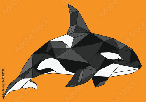 A geometric low-poly illustration of a black and white orca, or killer whale, set against a bright orange background.