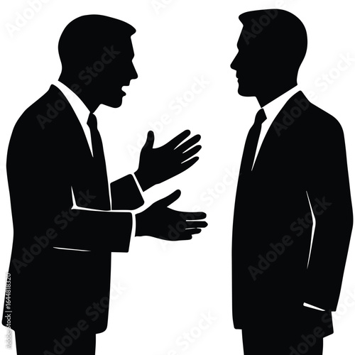 Two businessmen in silhouette arguing and gesturing intensely isolated on white background