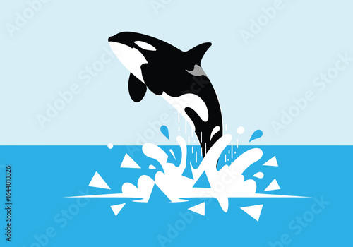 A stylized illustration of a black and white orca leaping from the blue ocean and creating a large splash.
