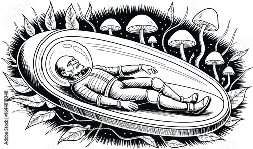 Astronaut in Cryo- Pod Surrounded by Mushrooms space