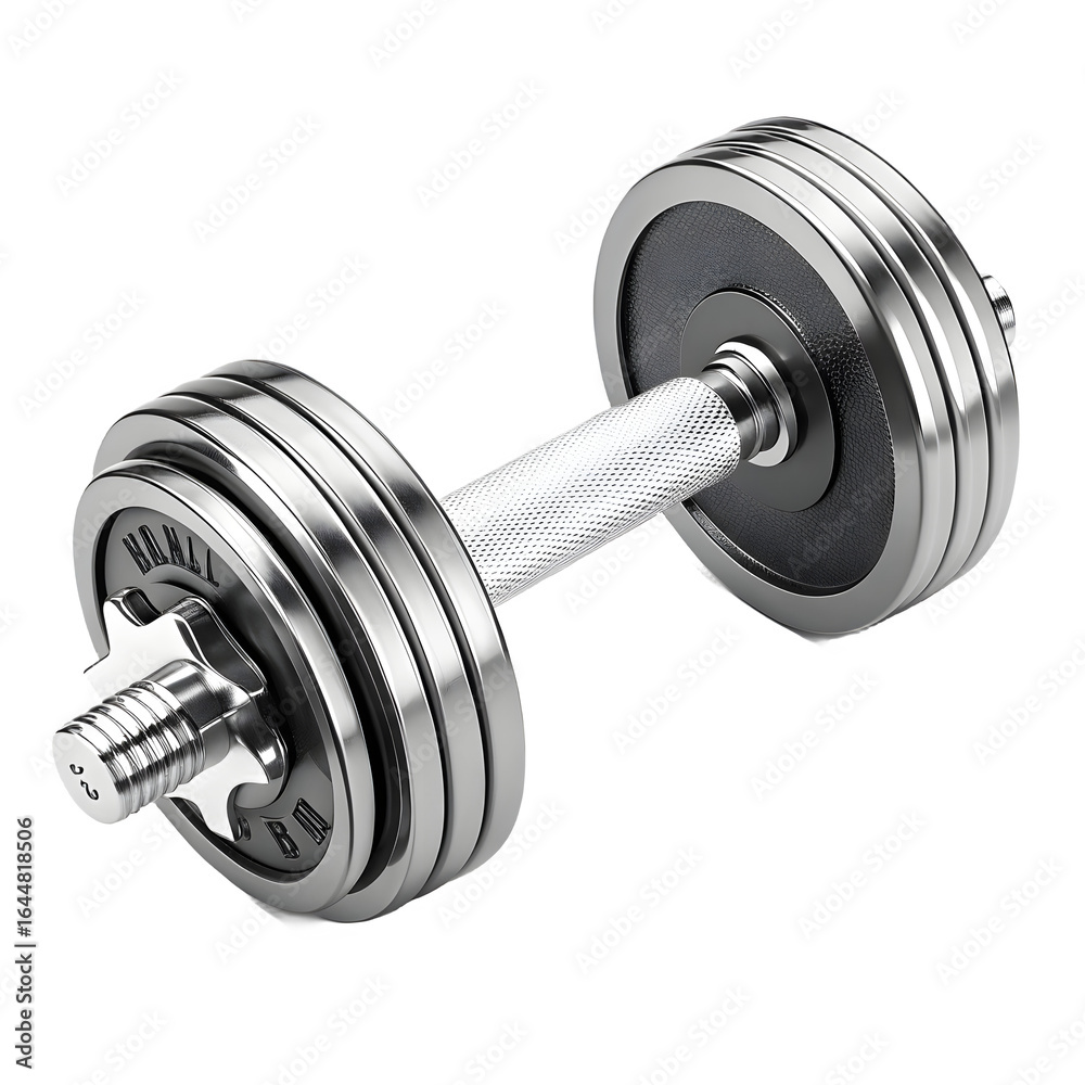 Naklejka premium Shiny chrome dumbbell with textured grip on a black background