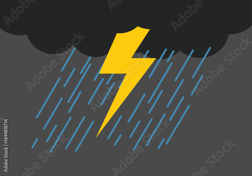 Graphic illustration of a dark storm cloud with rain and a bright yellow lightning bolt against a gray background.