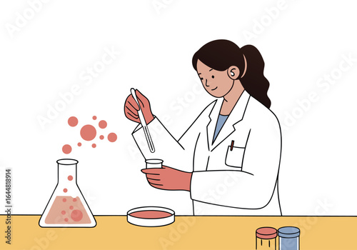 A female scientist prepares cells in a lab, using a pipette. She wears a lab coat and focuses on the petri dish. Modern, clean illustration.
