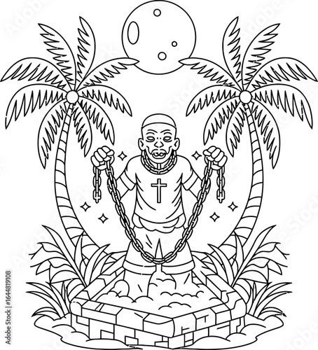 Man in chains between palm trees under the moon prisoner