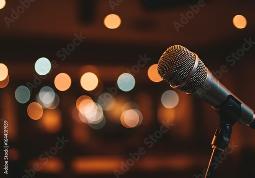 Captivating vintage microphone ready for a powerful performance on a softly lit stage with warm bokeh background.