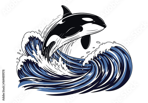 A stylized illustration of a killer whale leaping out of a crashing ocean wave.