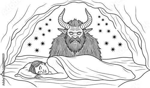 Demon watching a sleeping person in a cave monster