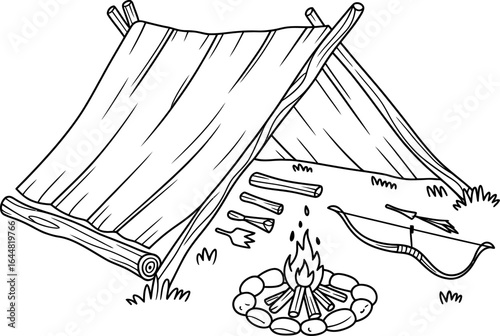 Primitive survival shelter with campfire and bow arrows