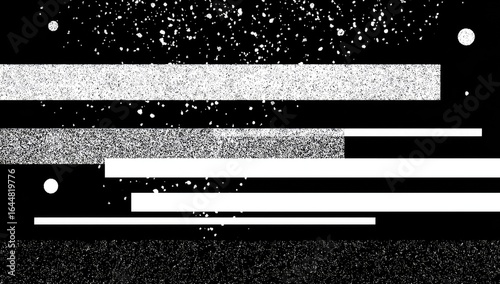Abstract black and white graphic design with horizontal lines and speckles