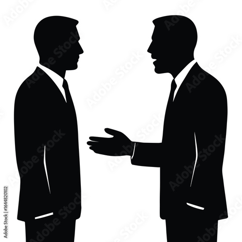 Two businessmen in silhouette arguing and gesturing intensely isolated on white background