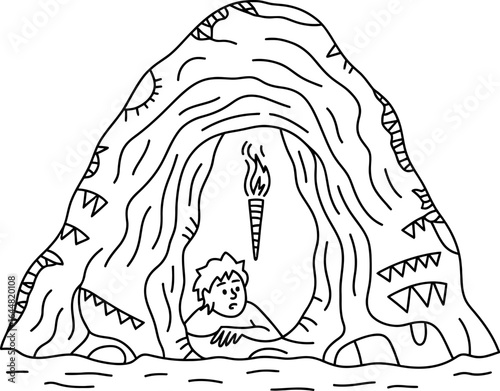 Person inside a cave with a torch and water fire