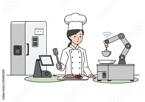 A female chef utilizes robotic assistance in a modern kitchen. She oversees operations via tablet, showcasing a blend of traditional and technological cooking. Clean, bright, and professional.
