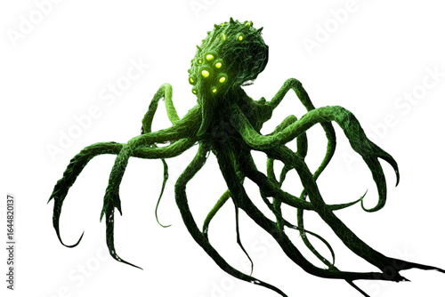 Slimy Green Alien with Tentacles and Multiple Eyes, Angled Three-Quarter View, Transparent Background