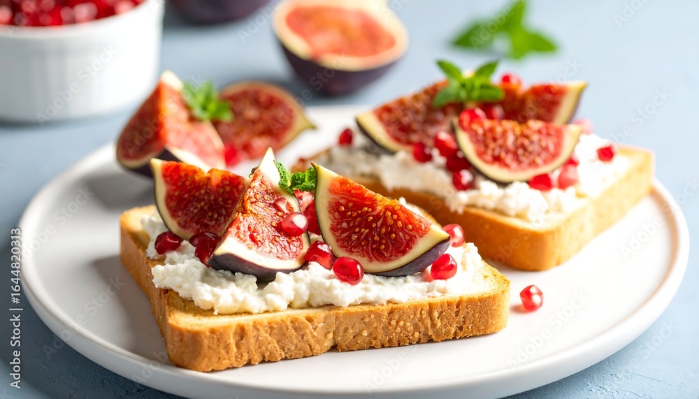 Toasted bread topped with creamy cheese, fig slices, and pomegranate seeds (1) Toasted bread topped with creamy cheese, fig slices, and pomegranate seeds (1)