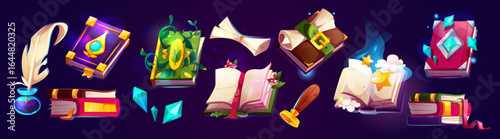 Magic book collection with spell tomes, crystals, scrolls and feather quill. Fantasy items with glowing grimoires, wax seal, mystical gems. Wizard library assets for rpg or adventure game ui design.