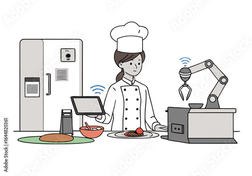 A female chef utilizes robotic assistance in a modern kitchen. She oversees operations via tablet, showcasing a blend of traditional and technological cooking. Clean, bright, and professional.
