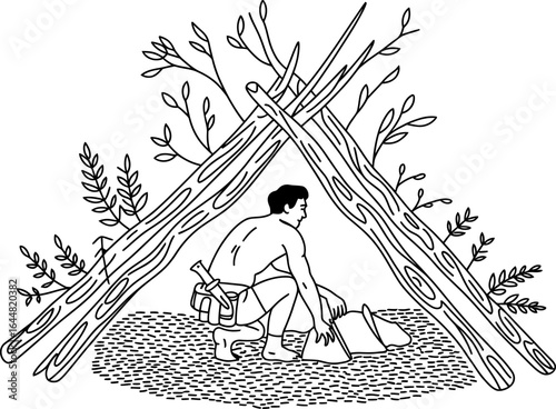 Man building a primitive shelter with logs and branches