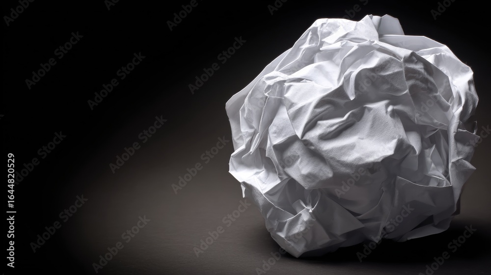 Fototapeta premium Crumpled Paper Ball : a photograph of a crumpled ball of paper sits in front of a dark background with the light casting deep shadows and intricate textures.