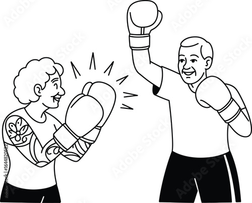 Two people boxing with gloves and smiles sport fitness